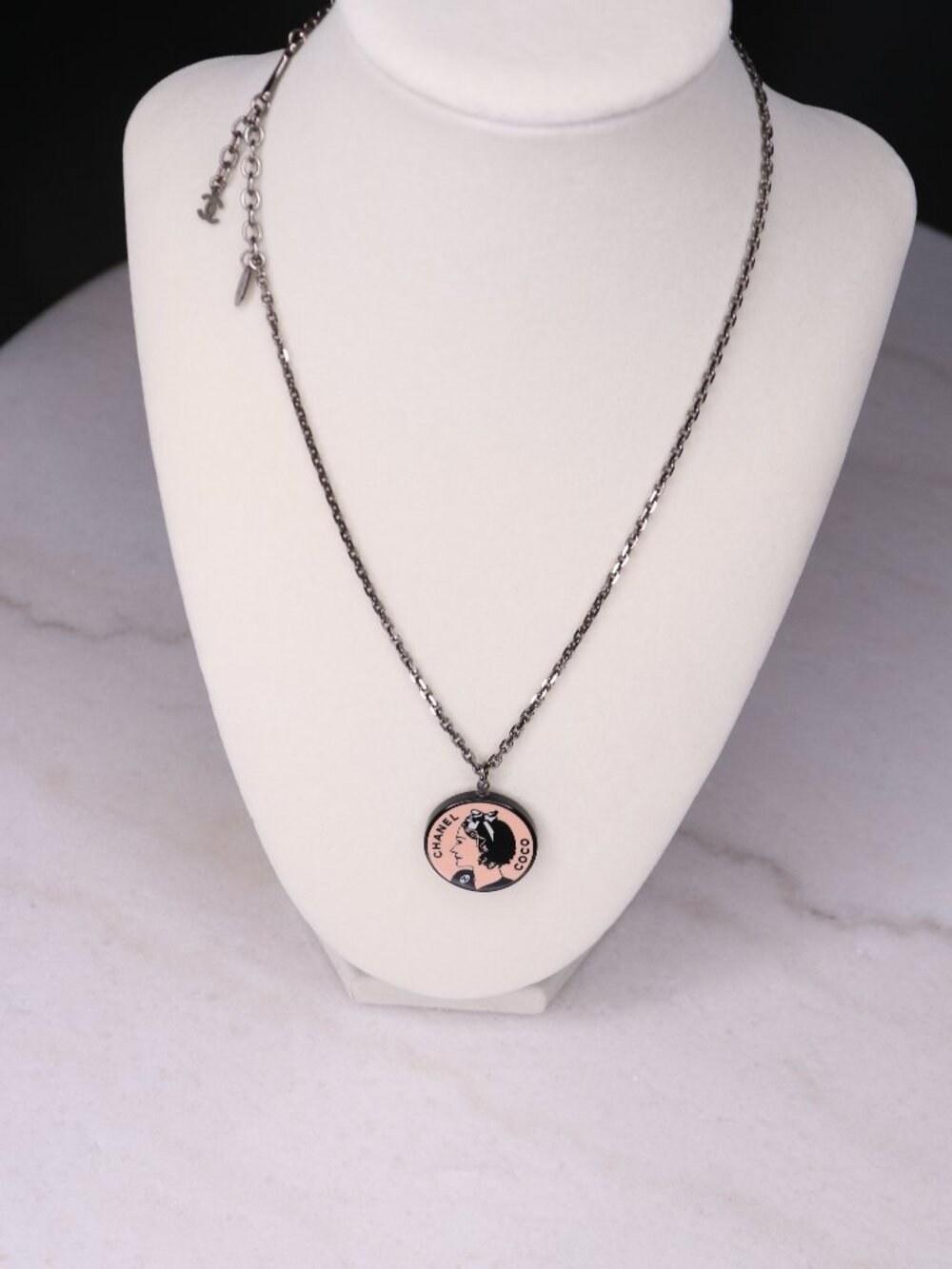 Vintage CHANEL Mademoiselle Coco Portrait Medallion Pink Enamel Necklace